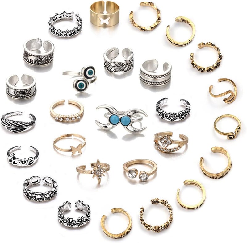 Acruccen 27 Pcs Open Toe Rings Set for Women Adjustable Vintage Retro Toe Ring Summer Beach Foot Jewelry Boho Knuckle Finger Tail Rings - Image 1